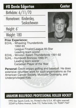 1992-93 Star Sports Cards Anaheim Bullfrogs (RHI) #NNO Devin Edgerton Back