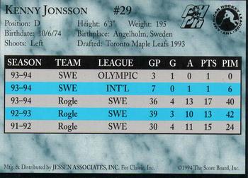 1994-95 Classic St. John's Maple Leafs (AHL) #NNO Kenny Jonsson Back