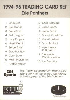 1994-95 Erie Panthers (ECHL) #1 Header Card Back