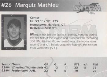 1994-95 Toledo Storm (ECHL) #NNO Marquis Mathieu Back
