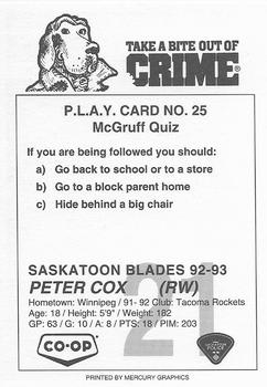 1992-93 Saskatoon Blades (WHL) Police #25 Peter Cox Back