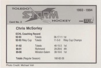 1993-94 Toledo Storm (ECHL) #2 Chris McSorley Back