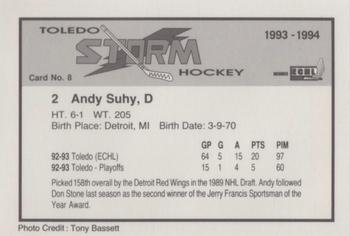 1993-94 Toledo Storm (ECHL) #8 Andy Suhy Back