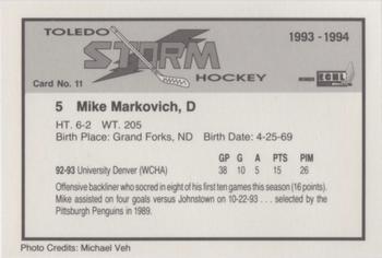 1993-94 Toledo Storm (ECHL) #11 Mike Markovich Back