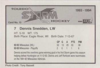 1993-94 Toledo Storm (ECHL) #13 Dennis Snedden Back