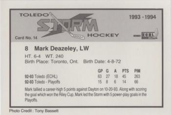 1993-94 Toledo Storm (ECHL) #14 Mark Deazeley Back