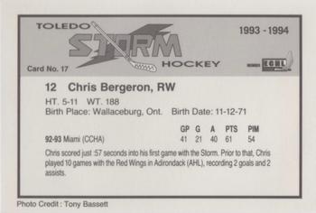 1993-94 Toledo Storm (ECHL) #17 Chris Bergeron Back