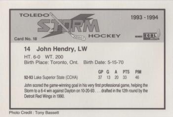 1993-94 Toledo Storm (ECHL) #18 John Hendry Back