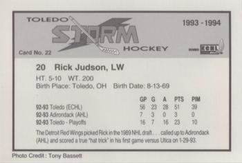 1993-94 Toledo Storm (ECHL) #22 Rick Judson Back