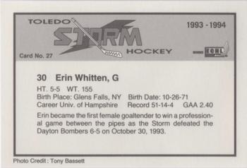 1993-94 Toledo Storm (ECHL) #27 Erin Whitten Back