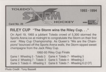 1993-94 Toledo Storm (ECHL) #29 Riley Cup Champions Back