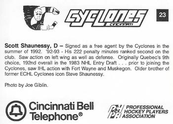 1993-94 Cincinnati Cyclones (IHL) #23 Scott Shaunessy Back