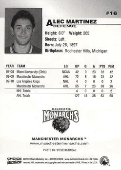 2010-11 Choice Manchester Monarchs (AHL) #16 Alec Martinez Back