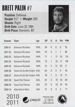 2010-11 Pepsi Milwaukee Admirals (AHL) #NNO Brett Palin Back