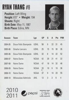 2010-11 Pepsi Milwaukee Admirals (AHL) #NNO Ryan Thang Back