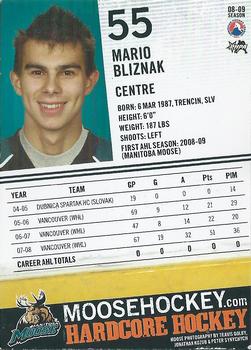 2008-09 Manitoba Moose (AHL) #NNO Mario Bliznak Back