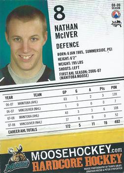 2008-09 Manitoba Moose (AHL) #NNO Nathan McIver Back