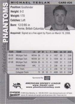 2008-09 Choice Philadelphia Phantoms (AHL) #26 Michael Teslak Back
