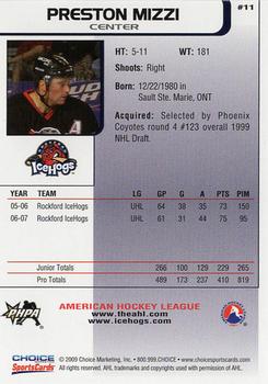 2008-09 Choice Rockford IceHogs (AHL) Anniversary Set #11 Preston Mizzi Back