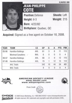 2008-09 Choice Wilkes-Barre/Scranton Penguins (AHL) #8 Jean-Philippe Cote Back