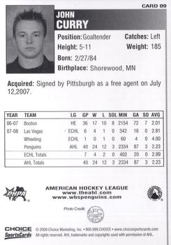 2008-09 Choice Wilkes-Barre/Scranton Penguins (AHL) #9 John Curry Back