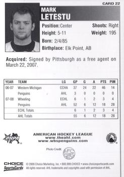 2008-09 Choice Wilkes-Barre/Scranton Penguins (AHL) #22 Mark Letestu Back