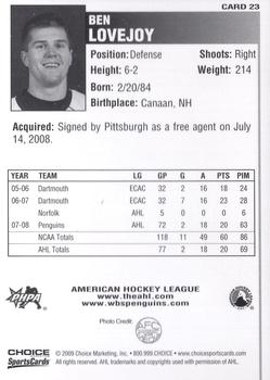 2008-09 Choice Wilkes-Barre/Scranton Penguins (AHL) #23 Ben Lovejoy Back