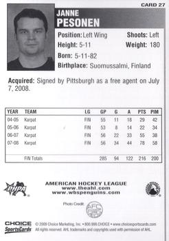 2008-09 Choice Wilkes-Barre/Scranton Penguins (AHL) #27 Janne Pesonen Back