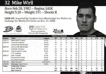 2008-09 Bakersfield Condors (ECHL) #25 Mike Wirll Back