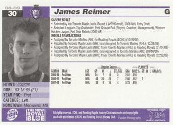 2008-09 Rieck's Printing Reading Royals (ECHL) #NNO James Reimer Back