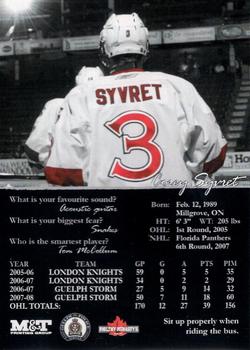 2008-09 M&T Printing Guelph Storm (OHL) #NNO Corey Syvret Back