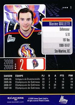 2008-09 Extreme Gatineau Olympiques (QMJHL) #1 Maxime Mallette Back