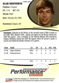 2008-09 Choice Chilliwack Bruins (WHL) #23 Blair Wentworth Back