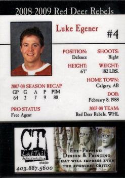 2008-09 Cat Tail Design and Printing Red Deer Rebels (WHL) #3 Luke Egener Back