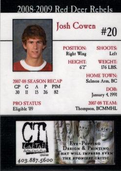 2008-09 Cat Tail Design and Printing Red Deer Rebels (WHL) #13 Josh Cowen Back