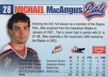2008-09 Co-op Regina Pats (WHL) #NNO Michael MacAngus Back