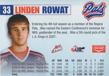 2008-09 Co-op Regina Pats (WHL) #NNO Linden Rowat Back
