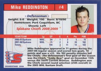 2008-09 Grandstand Spokane Chiefs (WHL) #NNO Mike Reddington Back