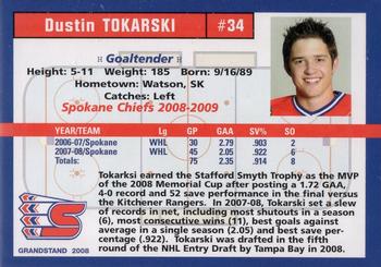 2008-09 Grandstand Spokane Chiefs (WHL) #NNO Dustin Tokarski Back