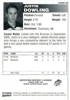 2008-09 Choice Swift Current Broncos (WHL) #5 Justin Dowling Back