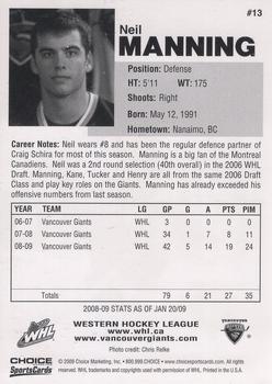 2008-09 Choice Vancouver Giants (WHL) #13 Neil Manning Back