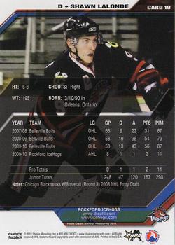 2010-11 Choice Rockford IceHogs (AHL) #10 Shawn Lalonde Back
