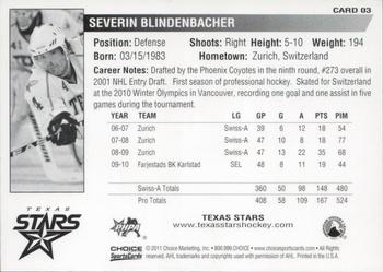 2010-11 Choice Texas Stars (AHL) #3 Severin Blindenbacher Back