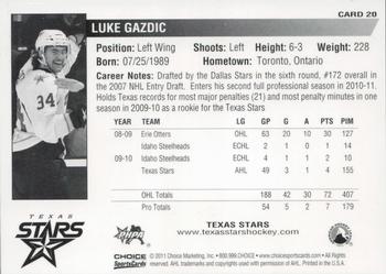2010-11 Choice Texas Stars (AHL) #20 Luke Gazdic Back