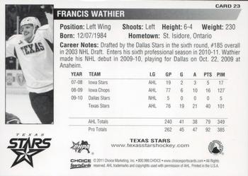 2010-11 Choice Texas Stars (AHL) #23 Francis Wathier Back
