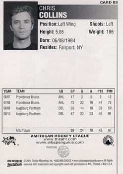 2010-11 Choice Wilkes-Barre/Scranton Penguins (AHL) #3 Chris Collins Back