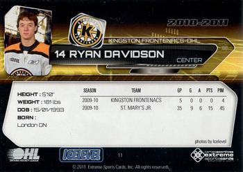 2010-11 Extreme Kingston Frontenacs (OHL) #11 Ryan Davidson Back