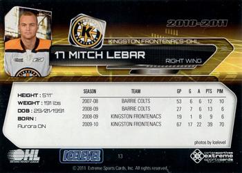 2010-11 Extreme Kingston Frontenacs (OHL) #13 Mitch Lebar Back