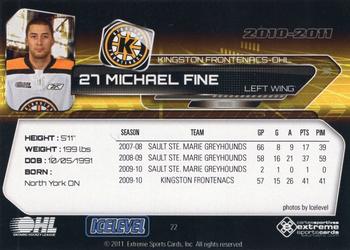 2010-11 Extreme Kingston Frontenacs (OHL) #22 Michael Fine Back