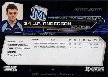 2010-11 Extreme Mississauga St. Michael's Majors (OHL) #22 J.P. Anderson Back